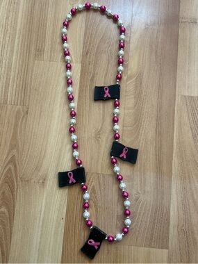 Pink Pearl & Ribbon Accent Necklace - Awareness Pendant Beaded Necklace
